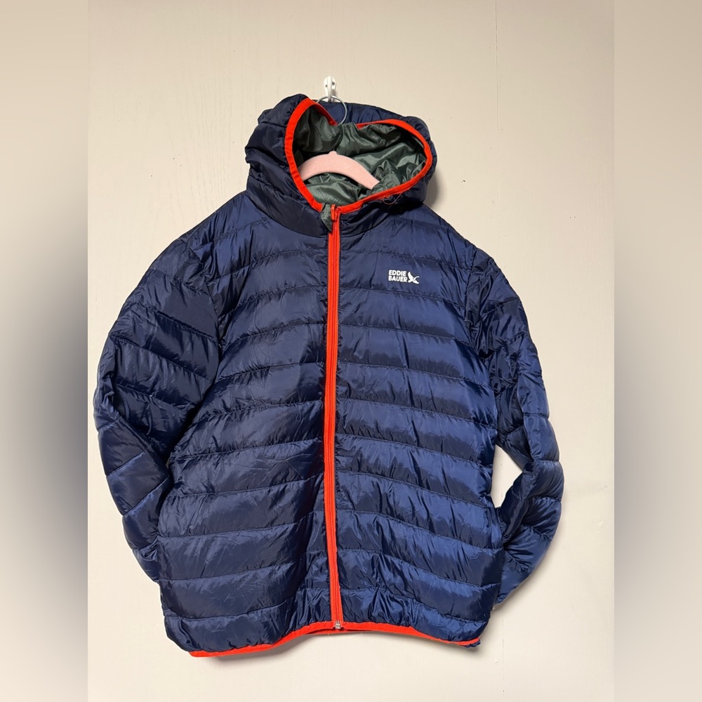 Eddie Bauer reservable Kids Blue Puffer Jacket with Orange Trim youth large